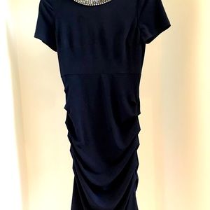 Navy Vince Camuto jeweled neckline dress